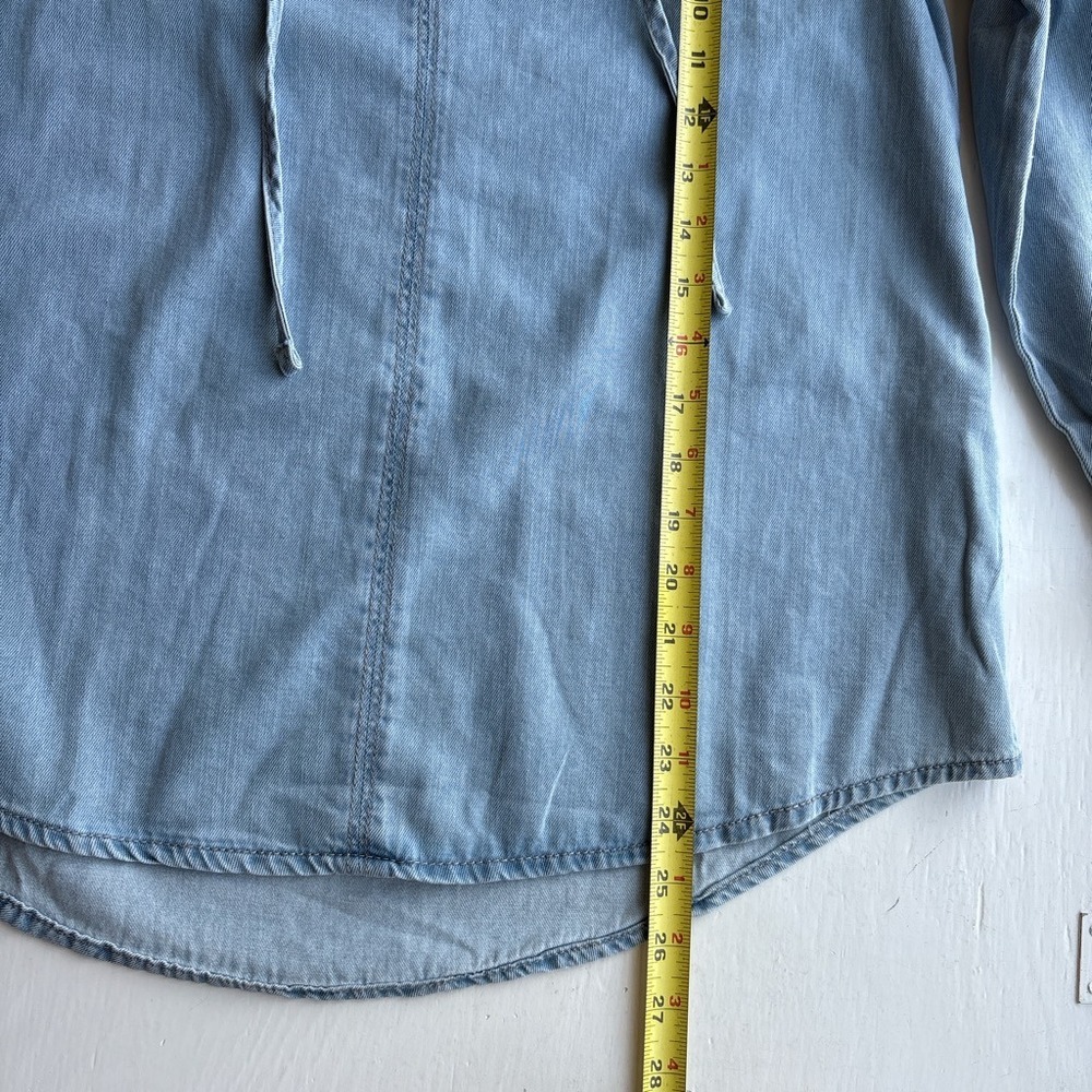 Womens PS Denim Blouse Blue Cotton Tie Neck Roll Tab Boho Cottage Coastal - Picture 7 of 7